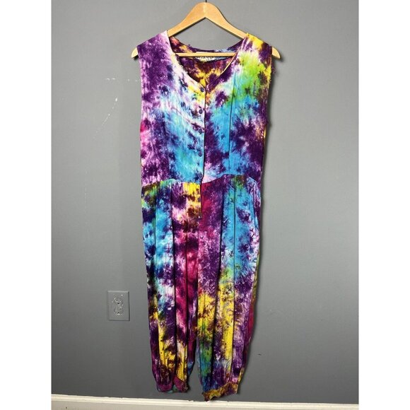 Vintage 90s Womens M Colorful Tie-Dye Sleeveless Cropped Rayon Jumpsuit 1990s - Picture 1 of 10